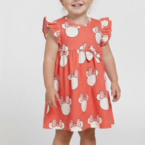 6004-Kids Frock | Cotton | Red with White Flower