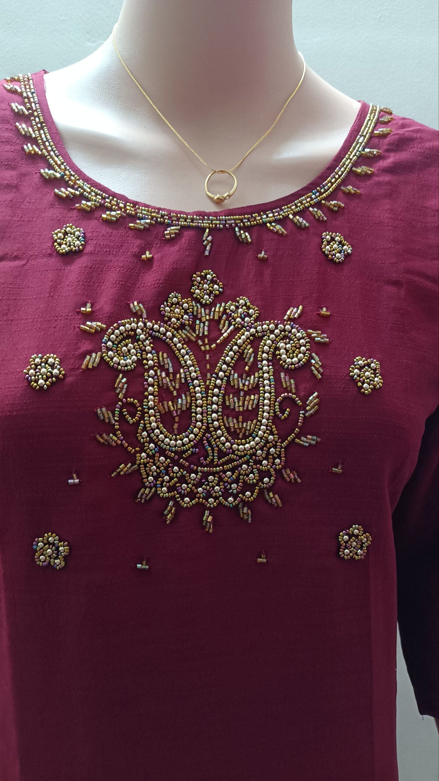 5029-Raw Silk| Hand Work Kurti | Vatican | Round Neck | Side Slit - Image 3