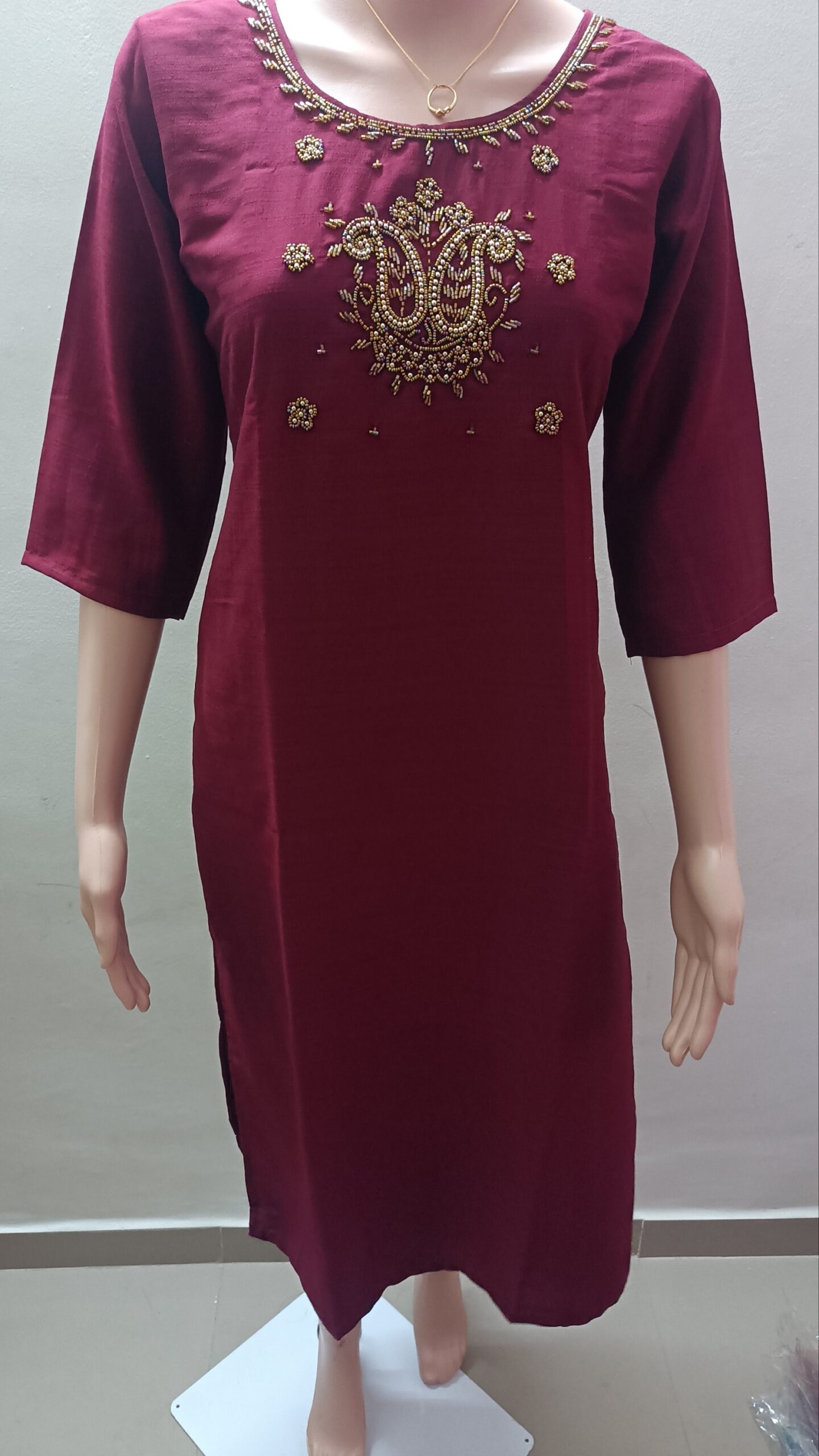 5029-Raw Silk| Hand Work Kurti | Vatican | Round Neck | Side Slit - Image 4