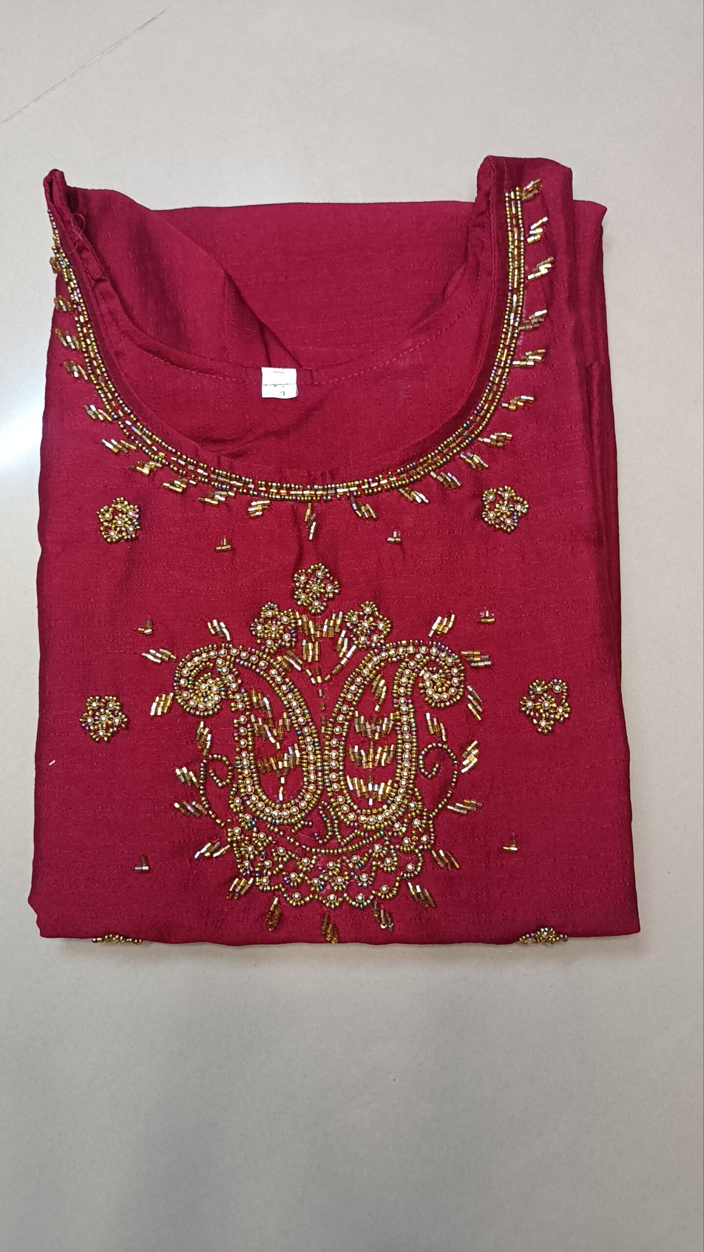 5029-Raw Silk| Hand Work Kurti | Vatican | Round Neck | Side Slit
