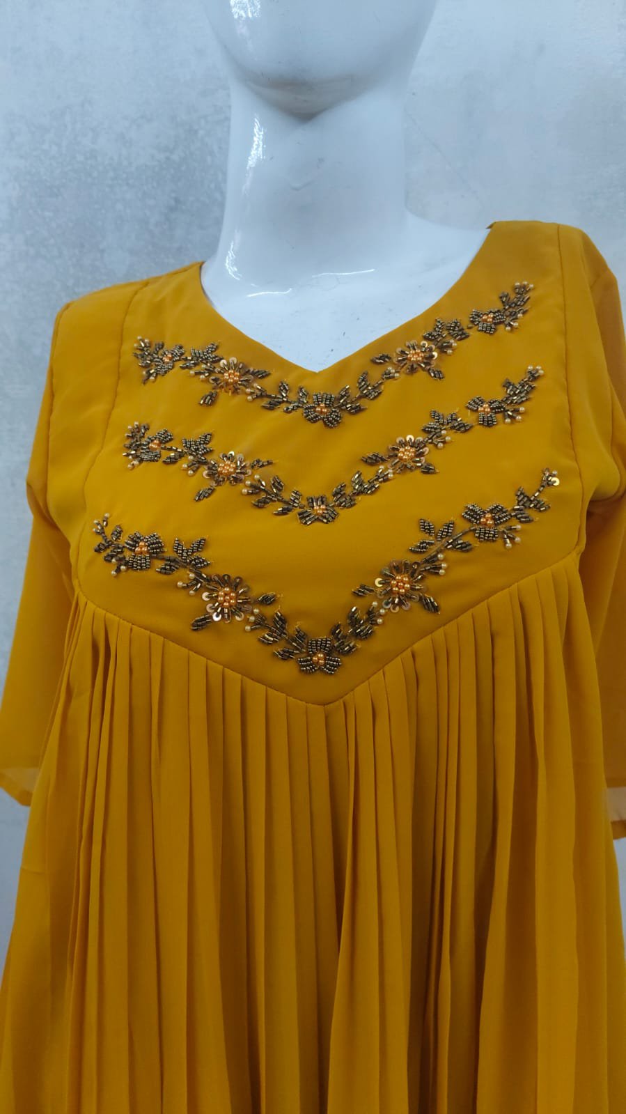 5040-Georgette | Hand Work Yoke Kurti (Yellow) - Image 2