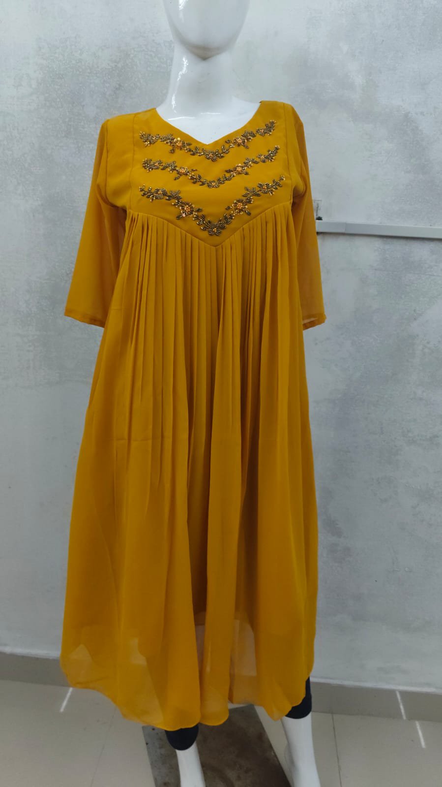 5040-Georgette | Hand Work Yoke Kurti (Yellow)