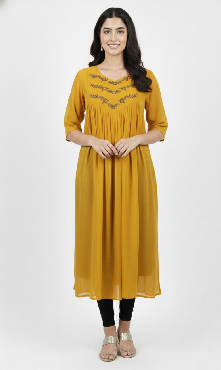 5040-Georgette | Hand Work Yoke Kurti (Yellow) - Image 4