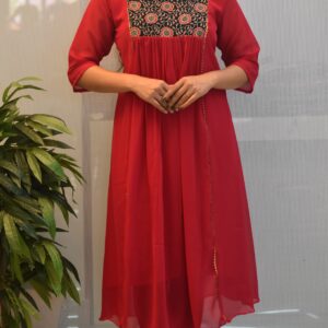 5016-Georgette | V-Neck | A-Line Kurti | Kalamkari Yoke