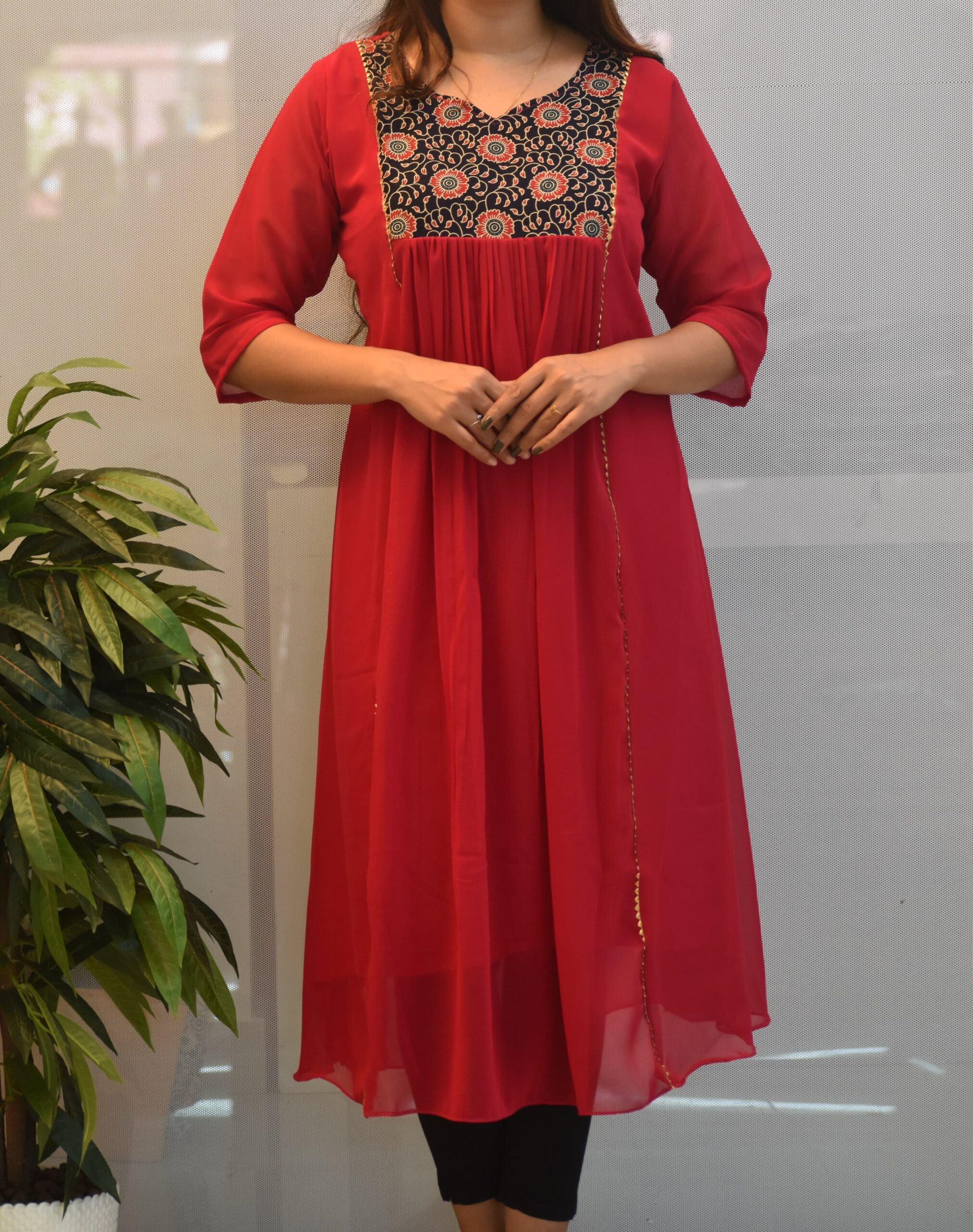 5016-Georgette | V-Neck | A-Line Kurti | Kalamkari Yoke
