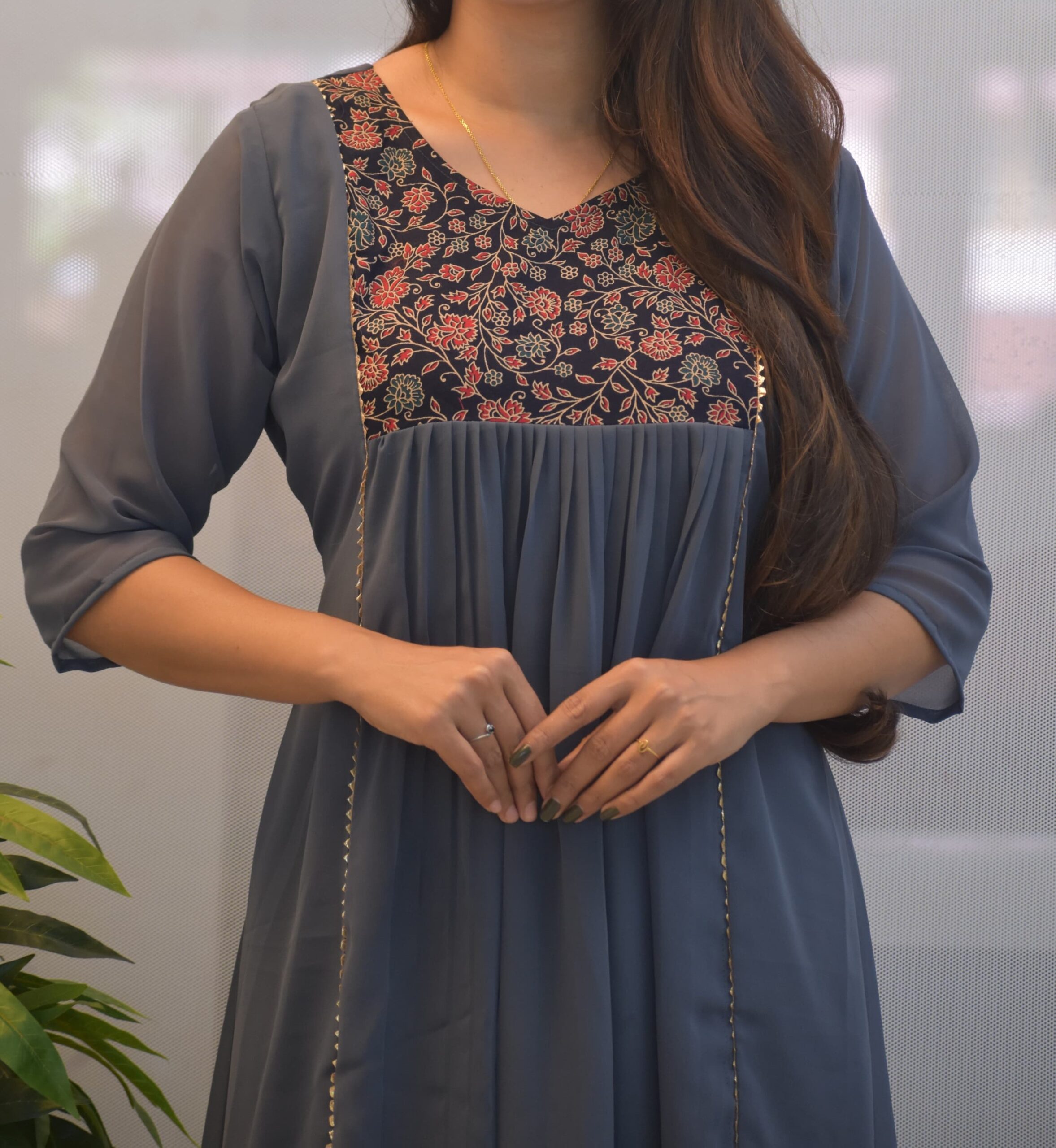 5018-Georgette | V-Neck | A-Line Kurti | Kalamkari Yoke - Image 2