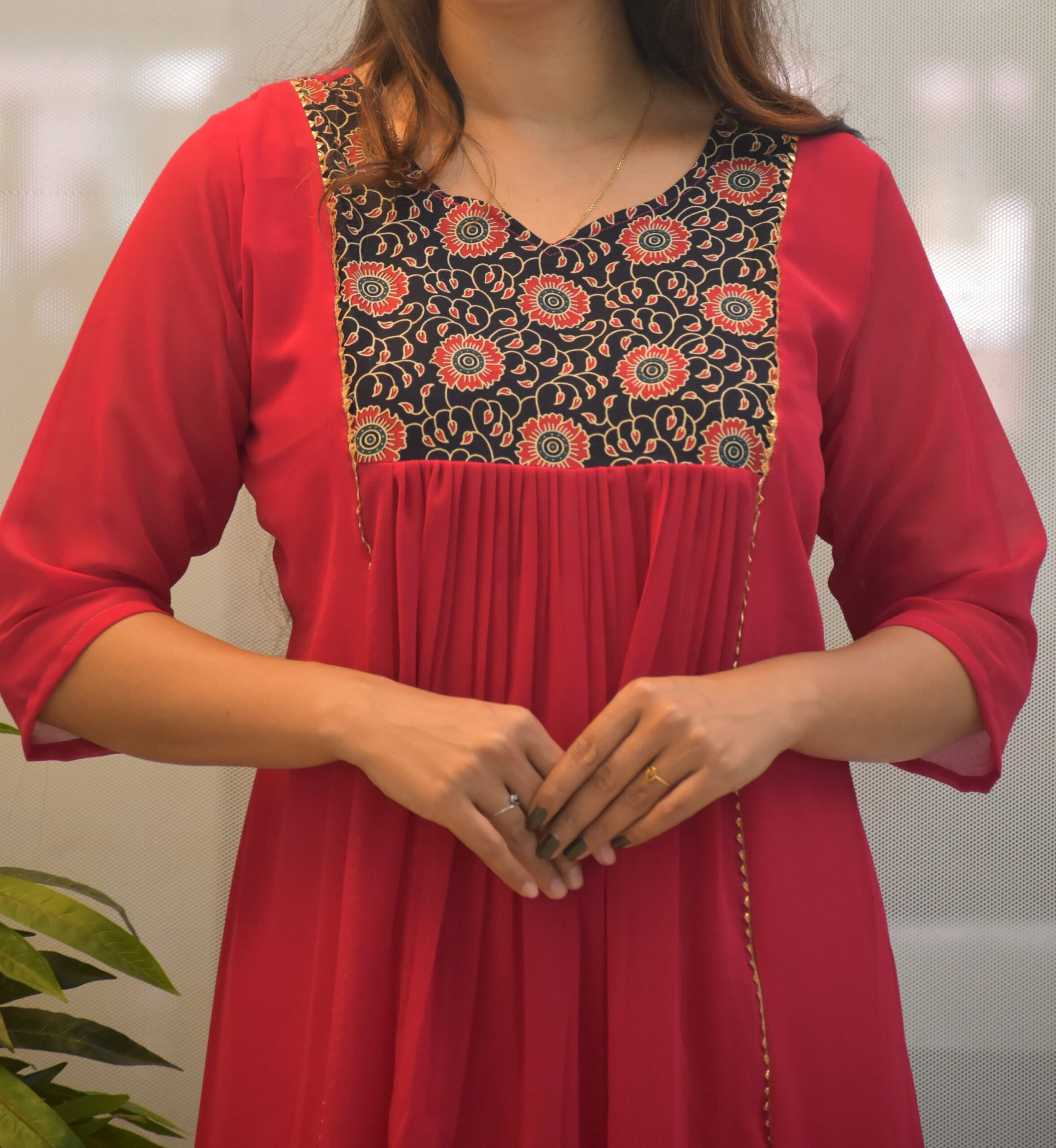 5016-Georgette | V-Neck | A-Line Kurti | Kalamkari Yoke - Image 2