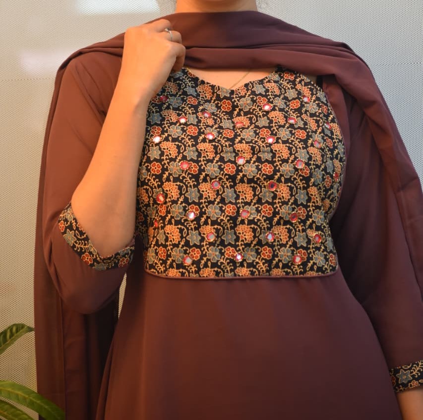 5034-Georgette | Printed Designer Yoke Kurti with Dupatta