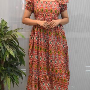 3007-Cotton | Puffed Sleeve | Frock With Back Tie-up