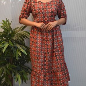 1516 - Cotton Feeding Frock | Invisible Zip | Midi Length |  Stylish Elastic Sleeve