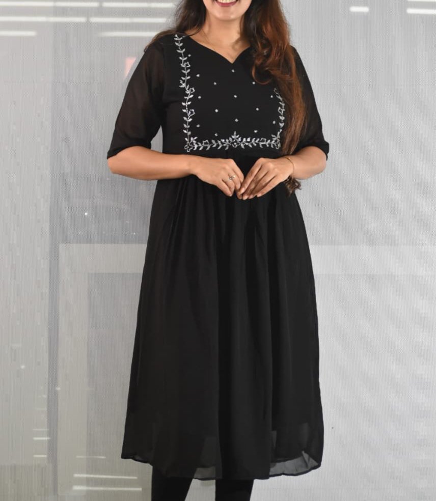 5042-Georgette A-Line | Front Pleated | Handwork Kurti - Black - Image 2