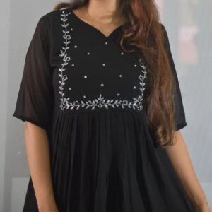 5042-Georgette A-Line | V-Neck | Handwork Kurti - Black