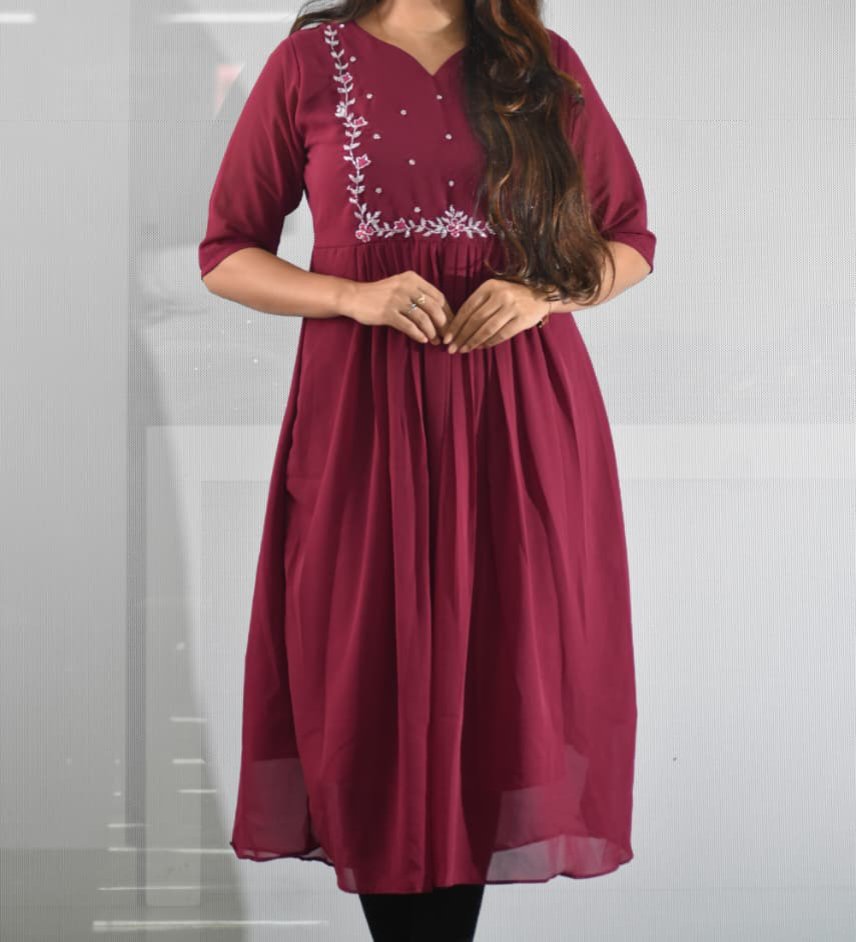 5043-Georgette A-Line | V-Neck | Handwork Kurti - - Image 2