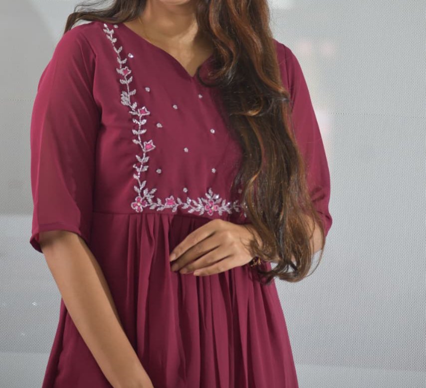 5043-Georgette A-Line | V-Neck | Handwork Kurti -