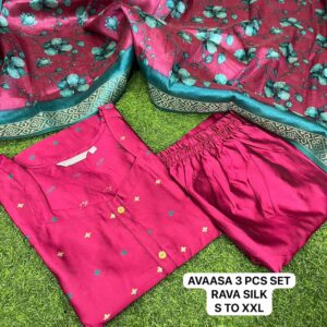 Aavaasa Raw silk kurti 3 piece set with Fancy Dupatta
