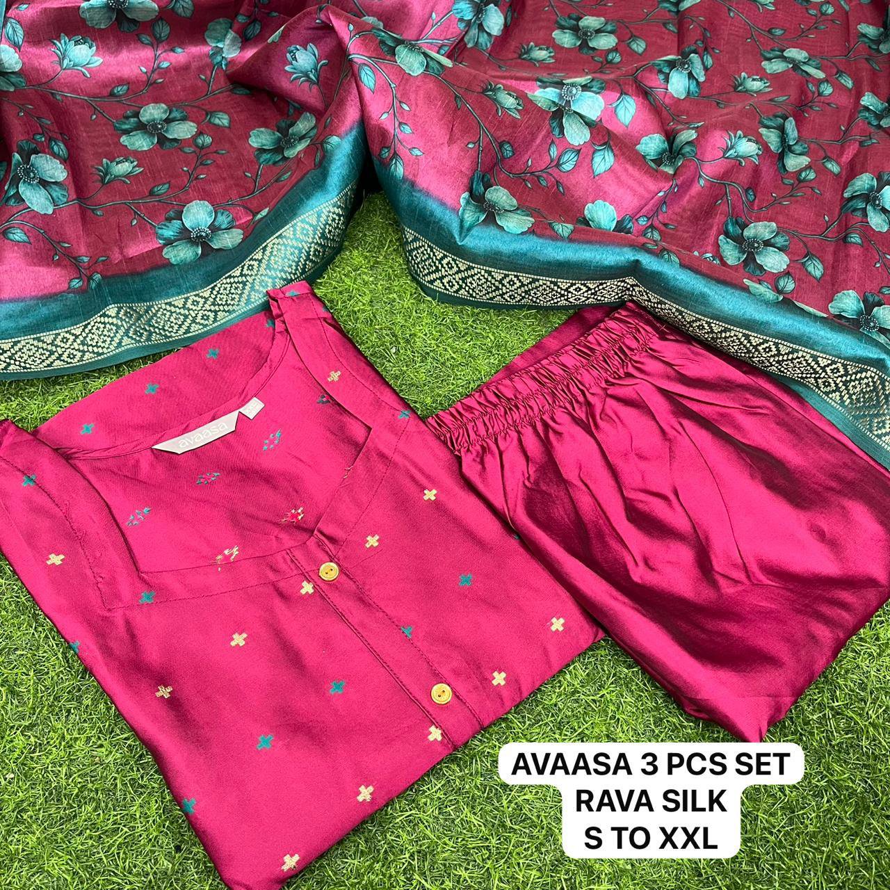 Aavaasa Raw silk kurti 3 piece set with Fancy Dupatta