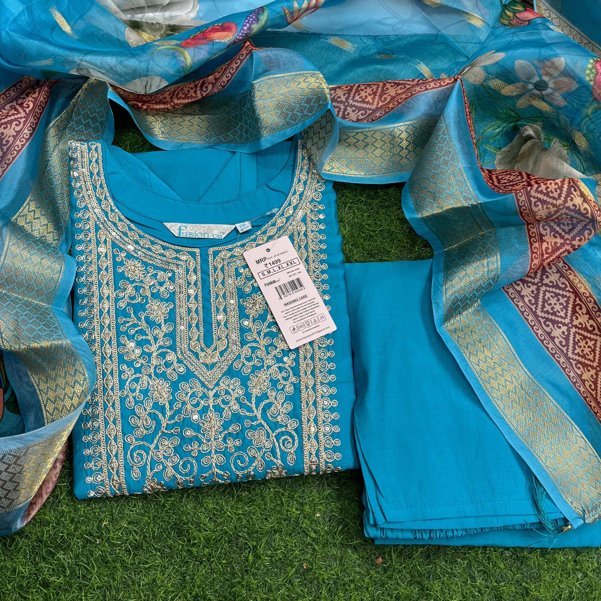 Branded Fusion Heavy Roman silk kurti 3 piece set with Fancy Dupatta