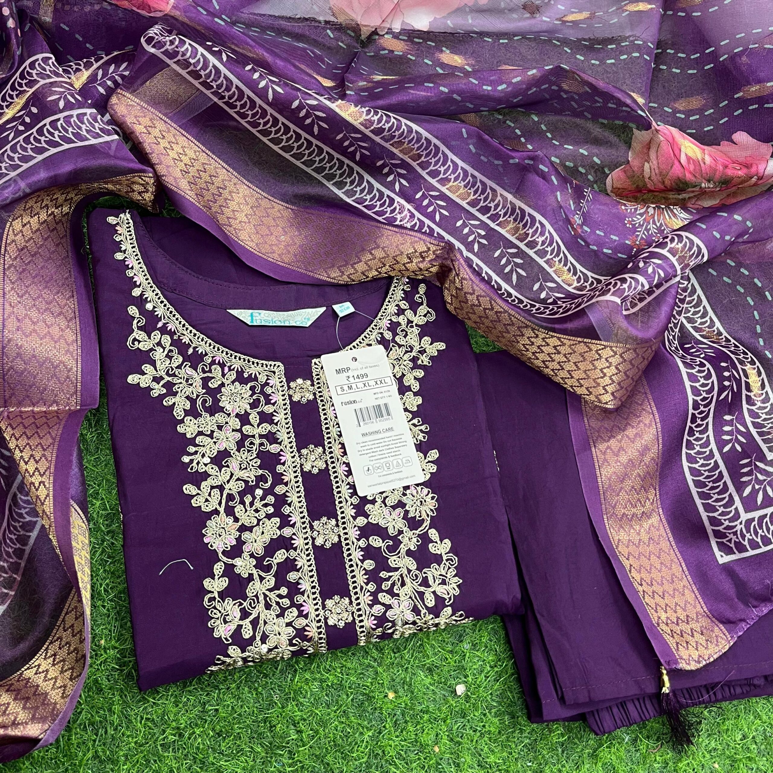 Branded Fusion Heavy Roman silk kurti 3 piece set with Fancy Dupatta