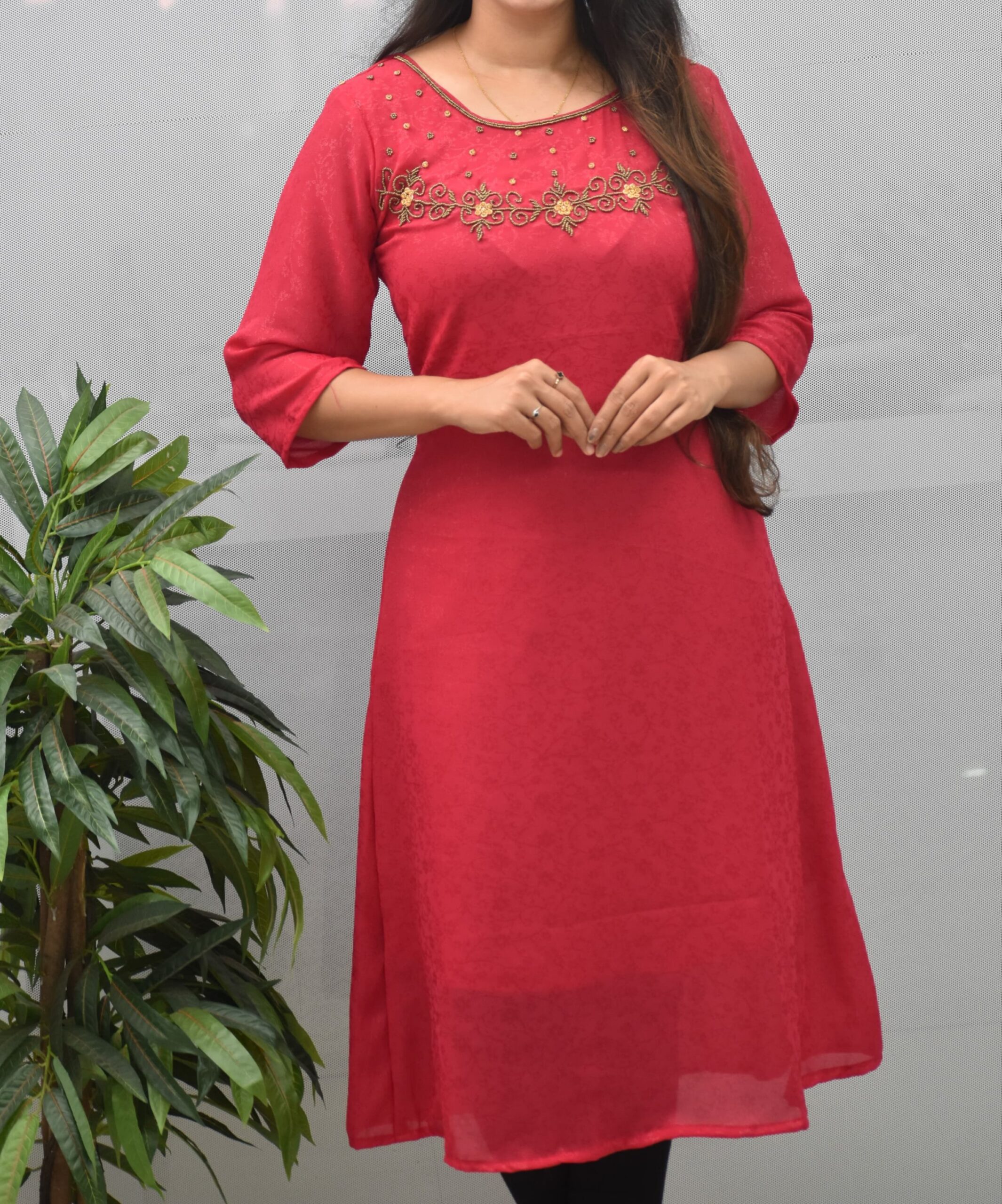 Silk Rangoli | Ari Hand Work | Kurti -Pink