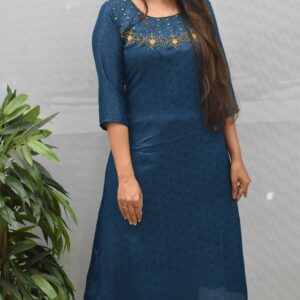 Silk Rangoli | Ari Hand Work |  Kurti   - Blue