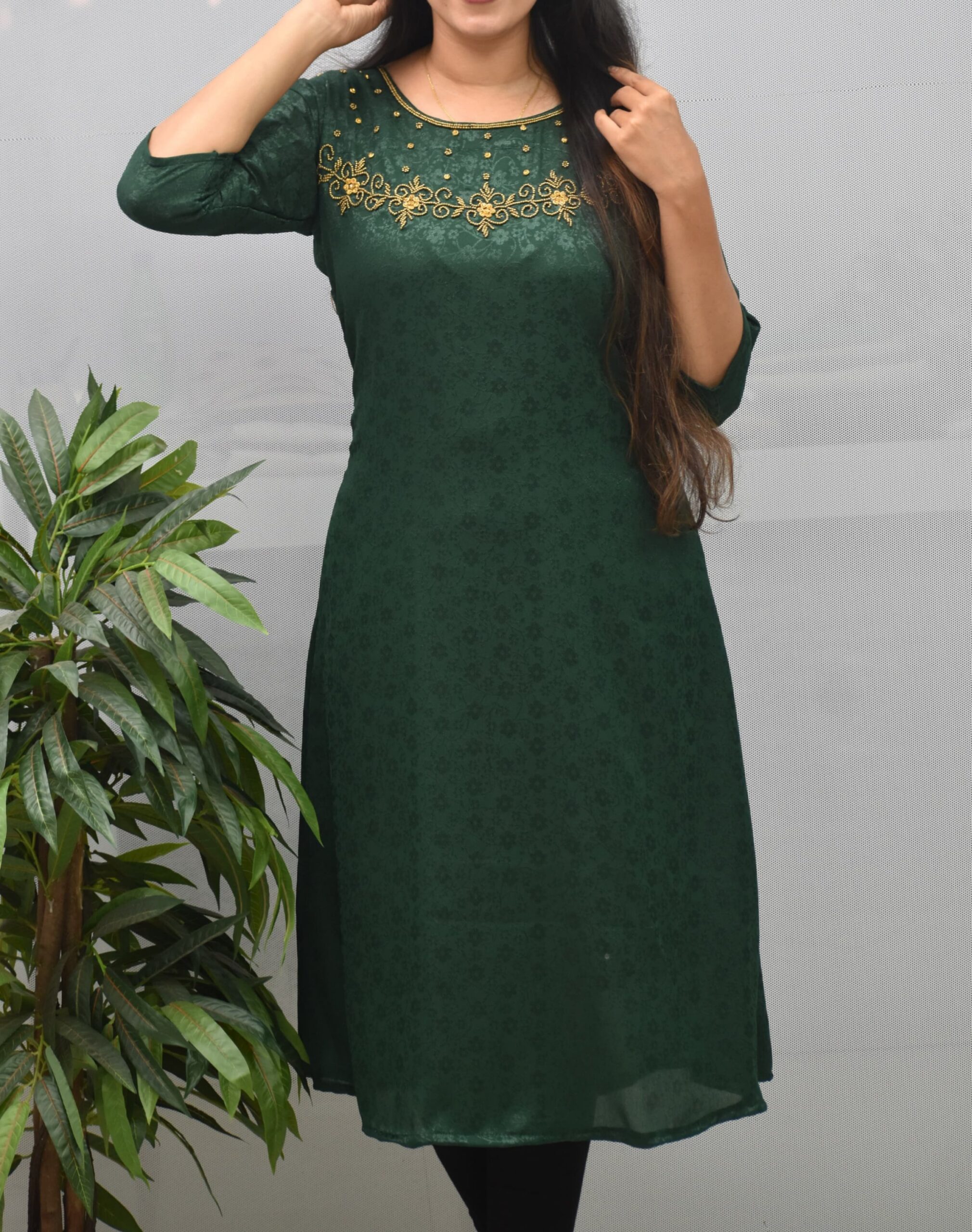 Silk Rangoli | Ari Hand Work | Kurti - Green