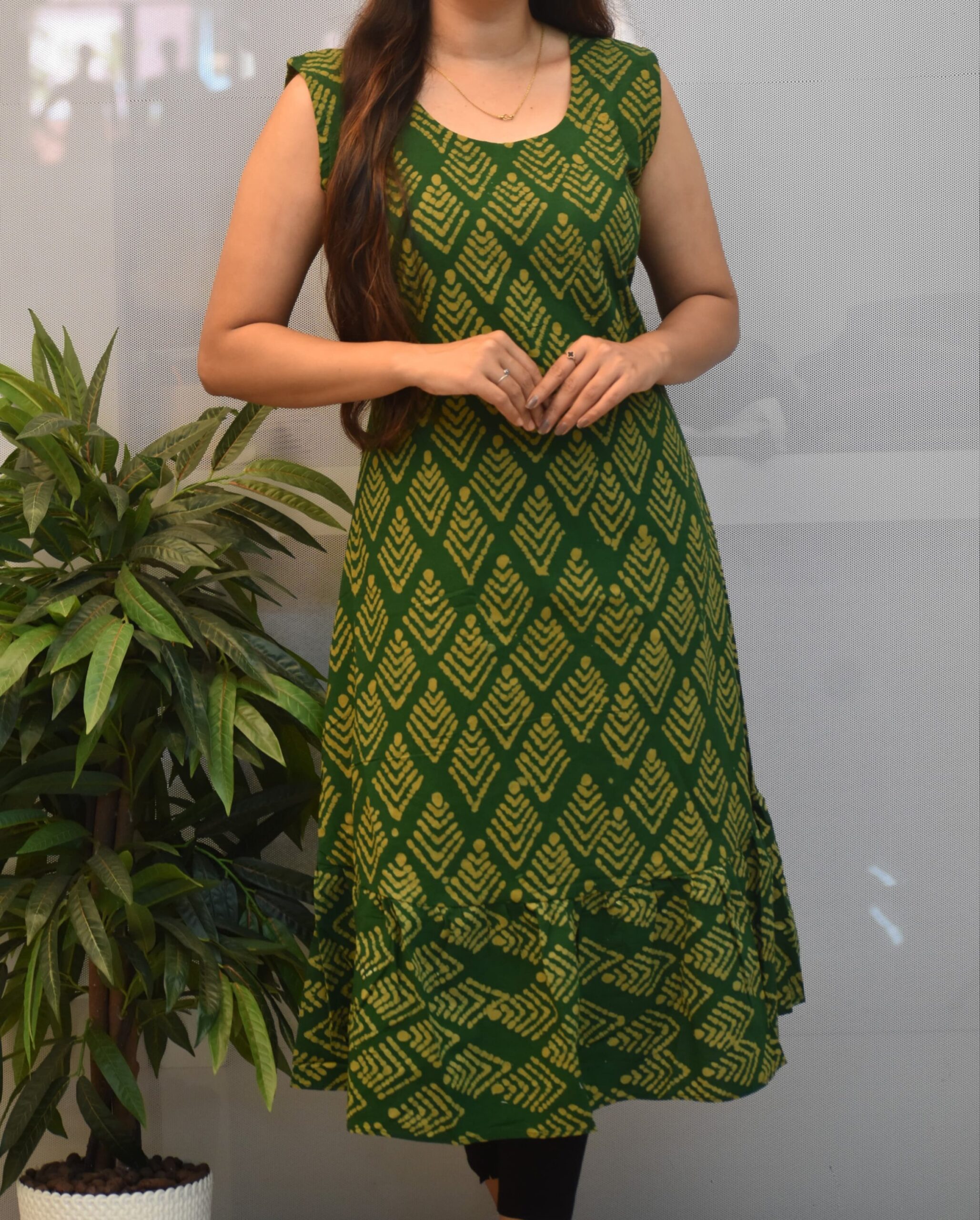Cotton Silk Fit | Frock With Separate Sleeve Attached - Green