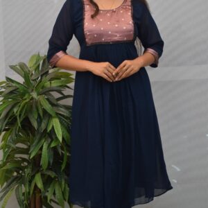 Georgette | Round -Neck | A-Line Kurti | Front Pletted