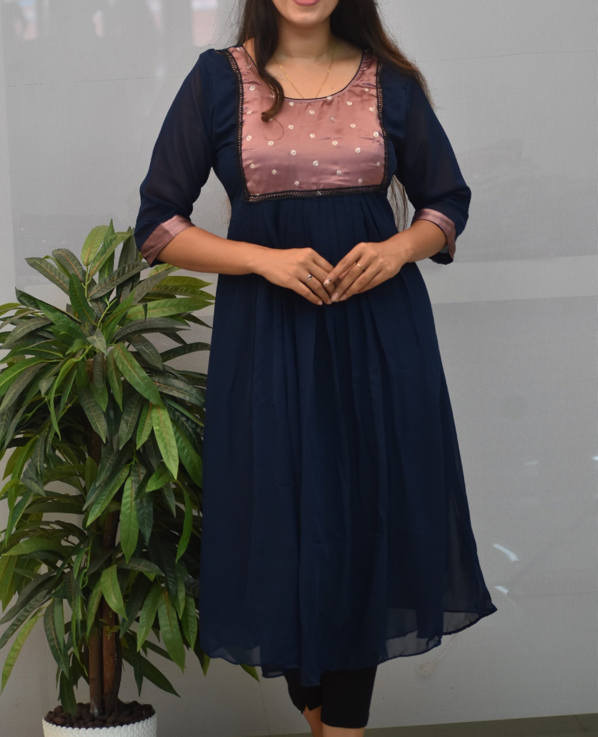 Georgette | Round -Neck | A-Line Kurti | Front Pletted