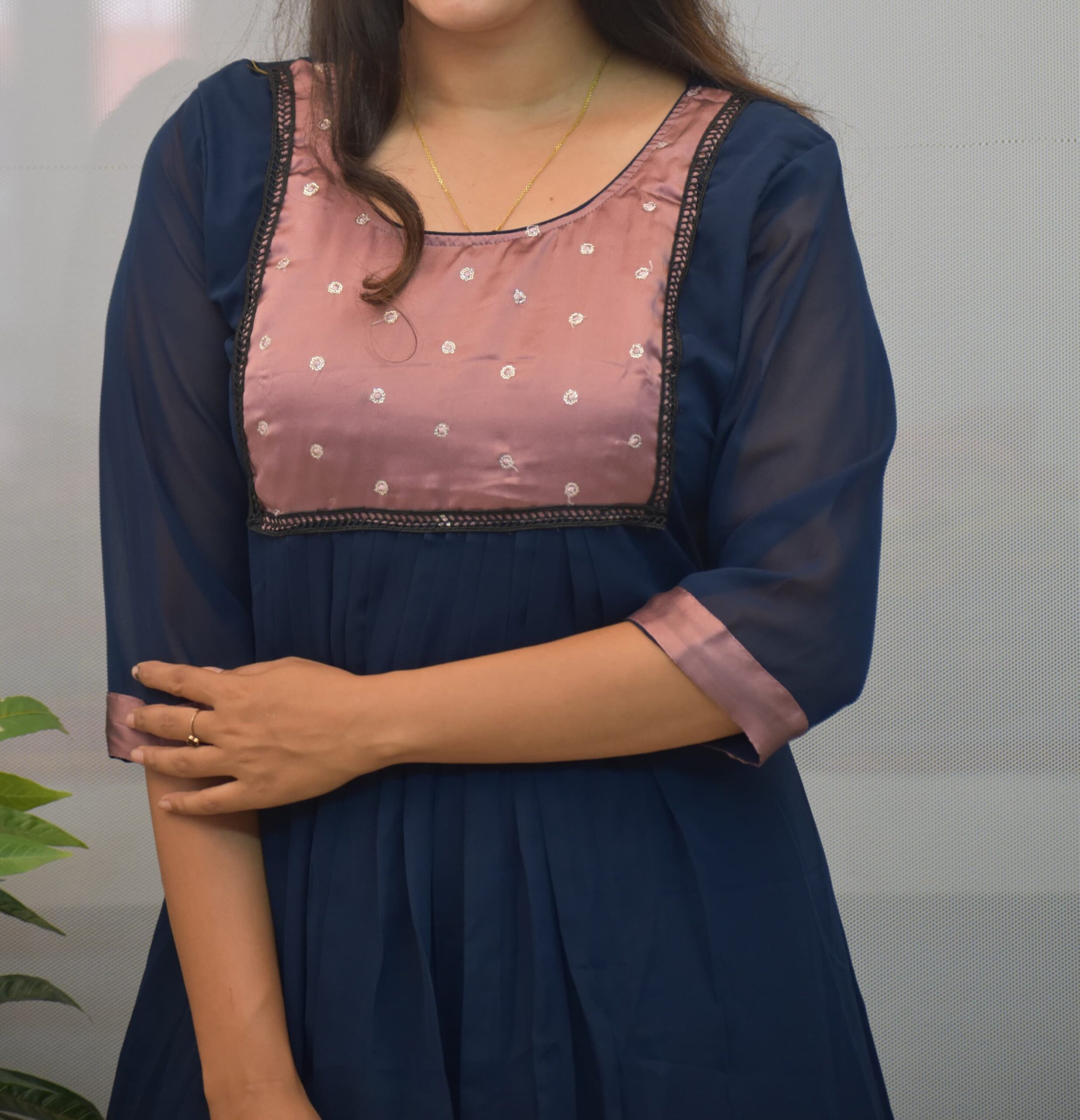Georgette | Round -Neck | A-Line Kurti | Front Pletted - Image 2