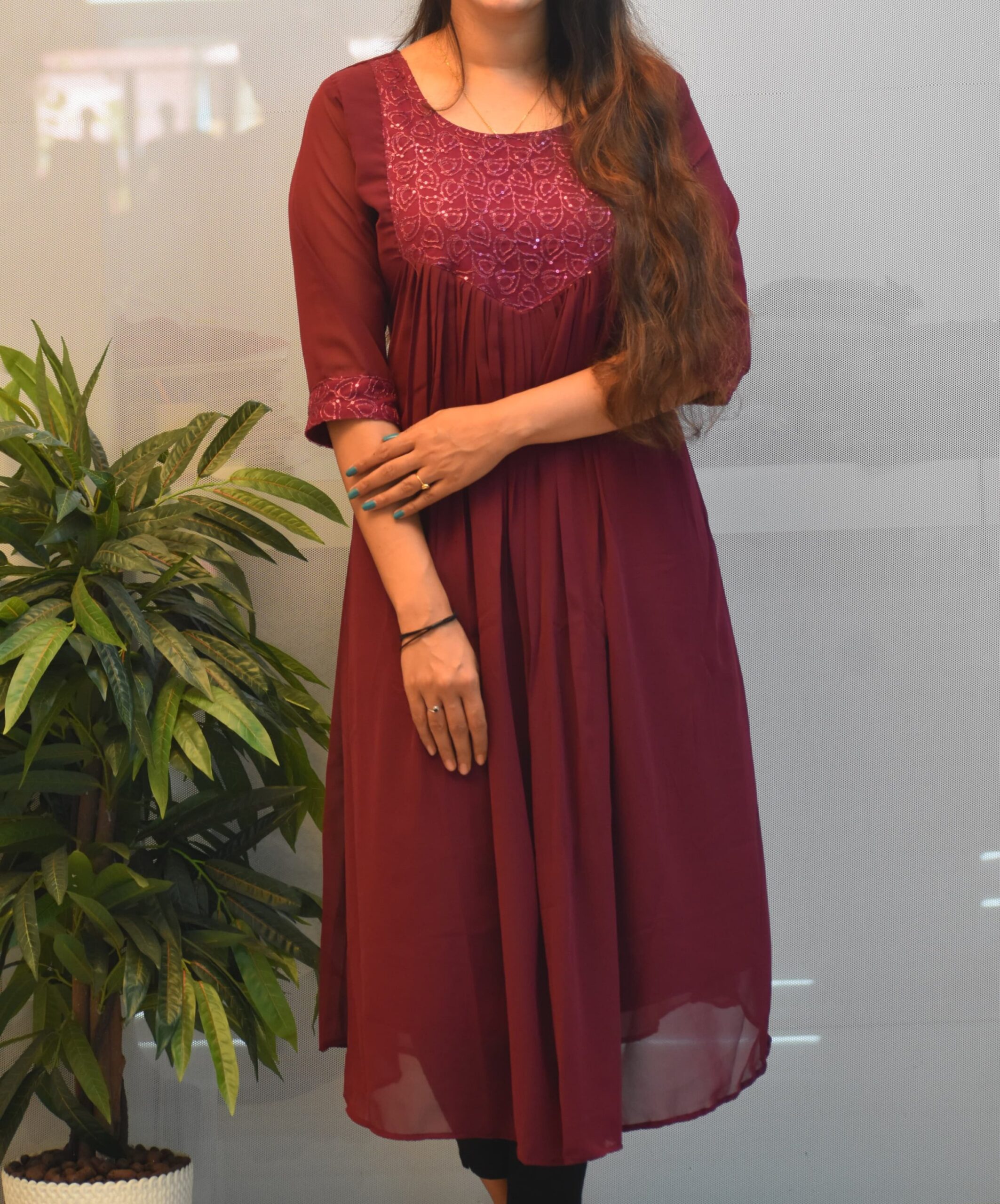 Georgette | Round -Neck | A-Line Kurti | Front Pletted