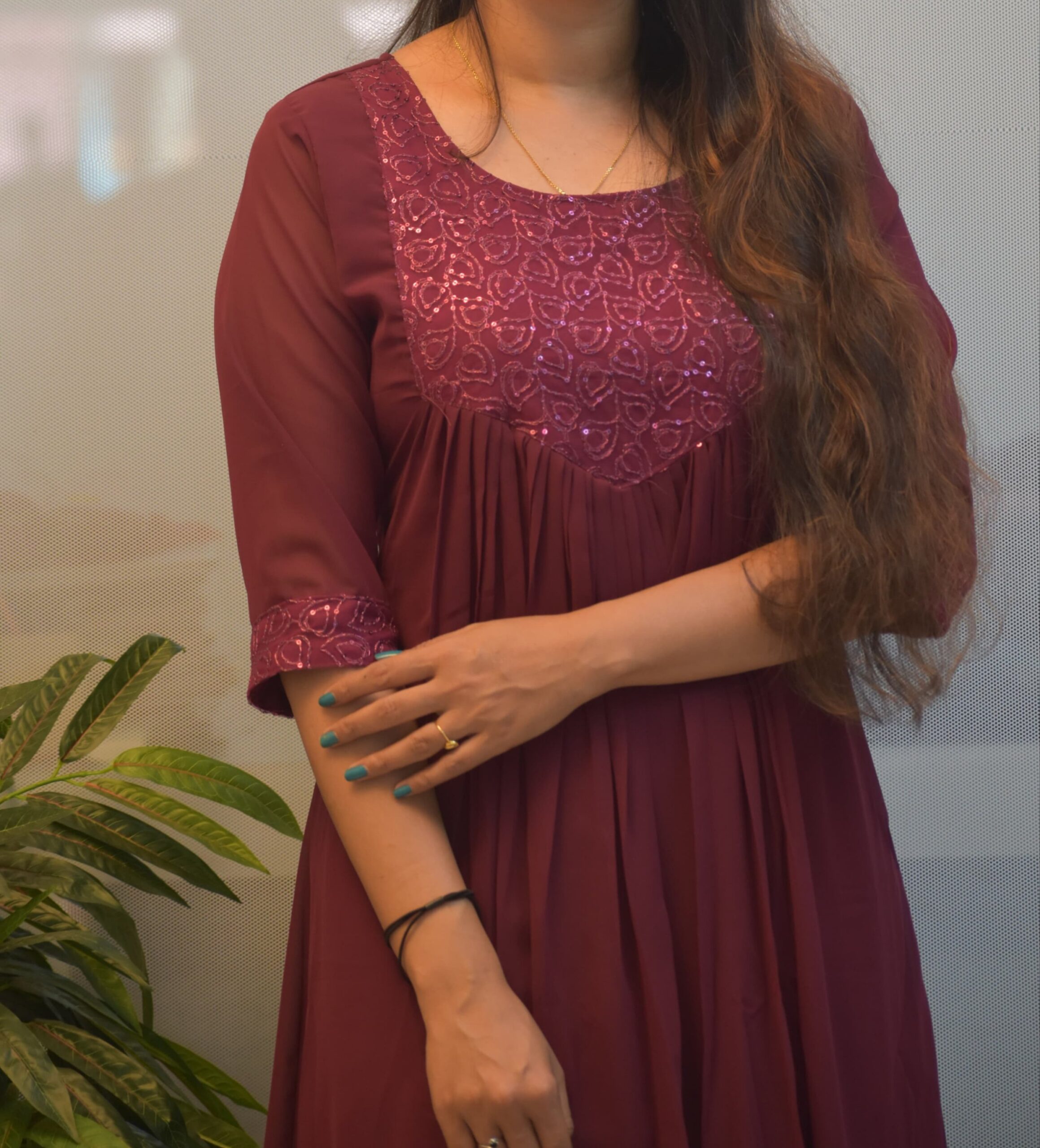 Georgette | Round -Neck | A-Line Kurti | Front Pletted - Image 2