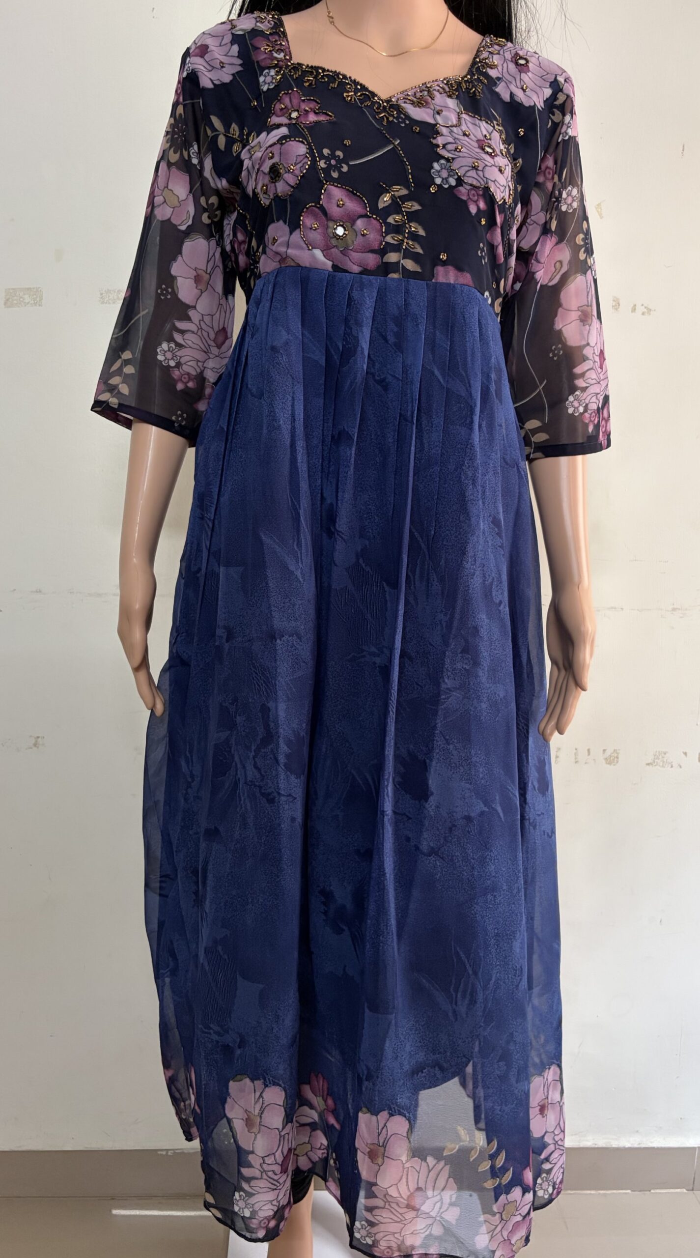 Georgette A-Line | V-Neck | Ari Handwork Kurti with Lining attached -Blue