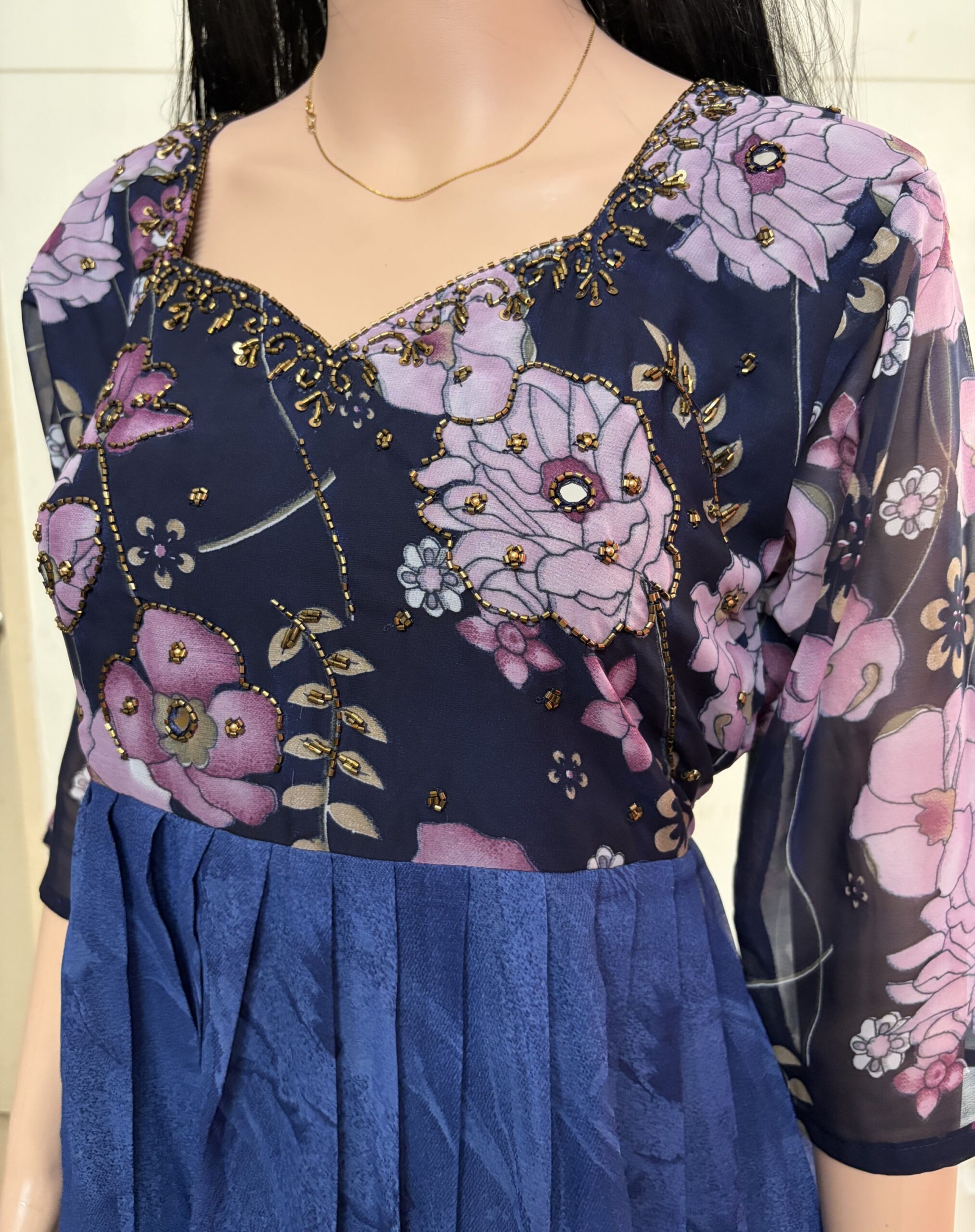 Georgette A-Line | V-Neck | Ari Handwork Kurti with Lining attached -Blue - Image 2