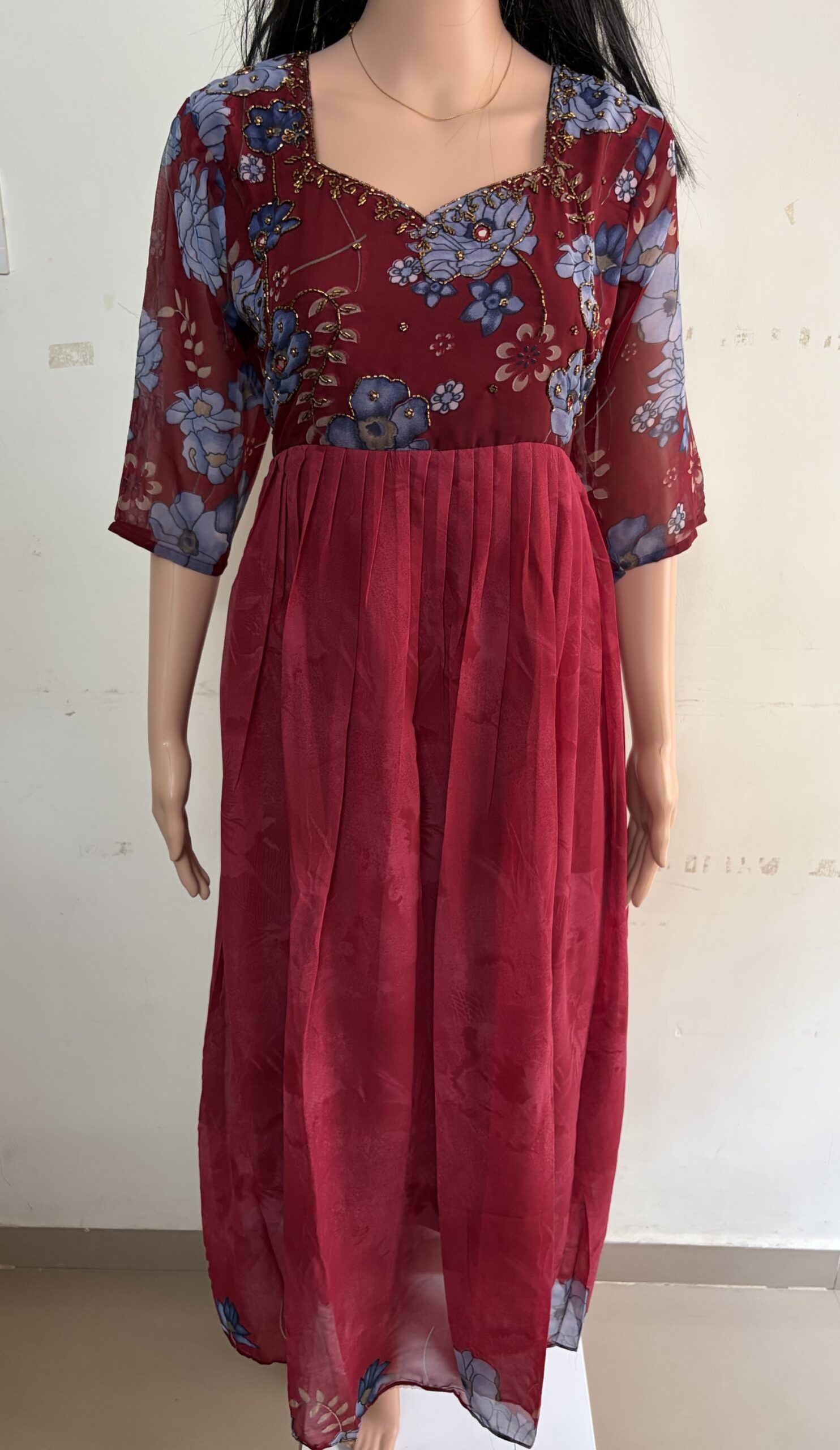 Georgette A-Line | V-Neck | Ari Handwork Kurti with Lining attached -Maroon - Image 2