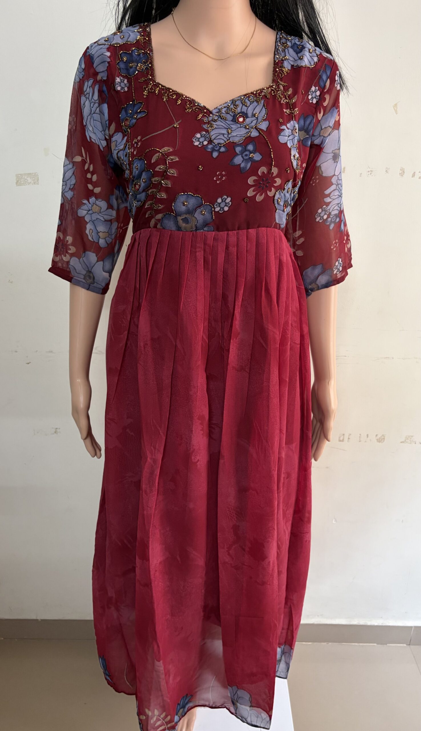 Georgette A-Line | V-Neck | Ari Handwork Kurti with Lining attached -Maroon