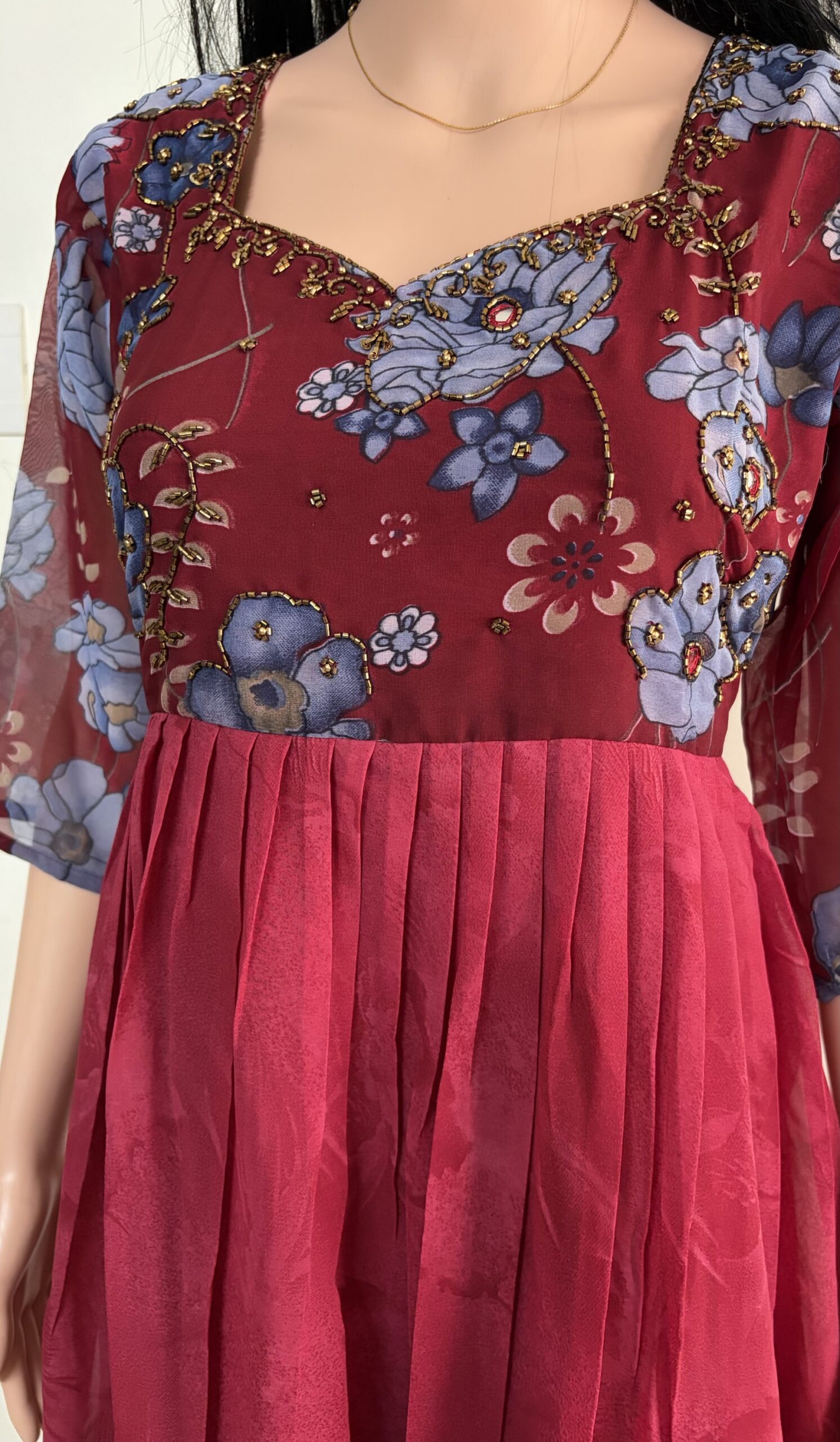 Georgette A-Line | V-Neck | Ari Handwork Kurti with Lining attached -Maroon - Image 3